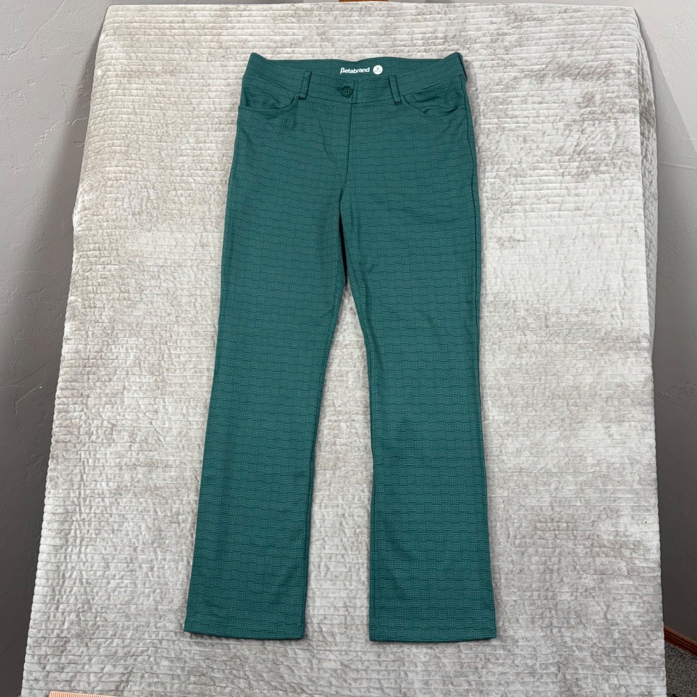 Betabrand Dress Pant Yoga Pants Teal Green Geometric Maze Straight Leg M Petitee